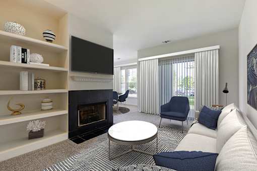 Living Area With Fireplace at The Apartments at Cambridge Court, Rosedale, MD, 21237
