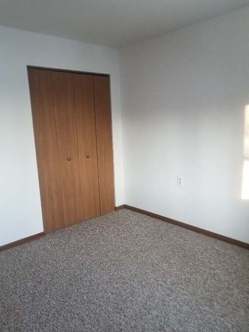 A room with a brown door and carpeted floor.