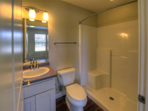 Bathroom with shower at Saddleview Apartments, Bozeman