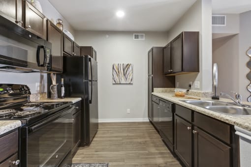 New Braunfels TX Apartments - Canyon House Apartments - Spacious Kitchen with Granite Counters and Plenty of Counter Space, Wood Flooring, Dark Wood Cabinetry with Ample Storage Space, Plus Electric Appliances.