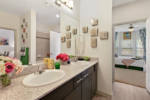 San Marcos Apartments For Rent - Sadler House - Large En Suite Bathroom with Wood Style Flooring, Large Granite Style Countertop, Ample Cabinet Storage, Large Mirrors, and Updated Lighting.