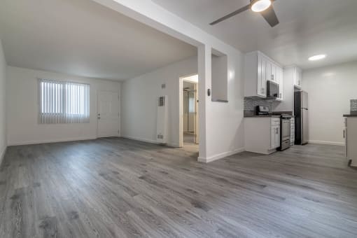 View from dining area of kitchen and living room