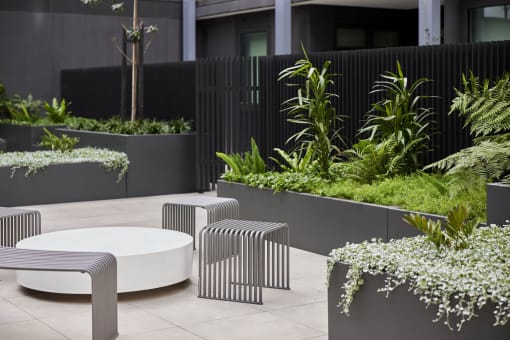 an outdoor seating area with tables and plants