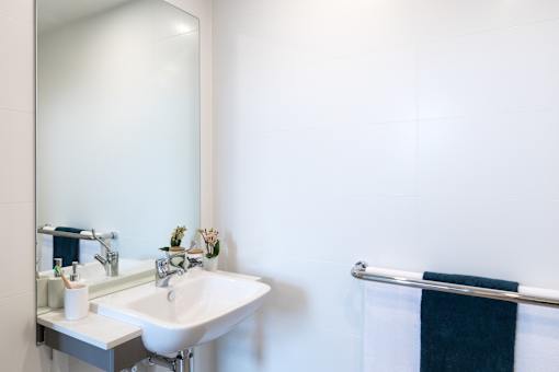 A white sink is in a bathroom with a mirror above it.