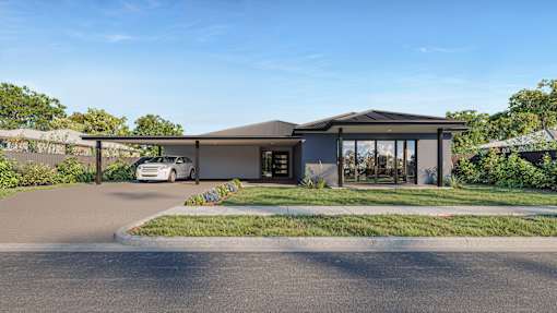 A modern house with a car parked in front.