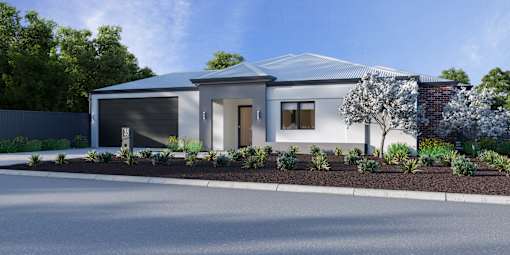 A modern house with a grey roof and a grey garage door.