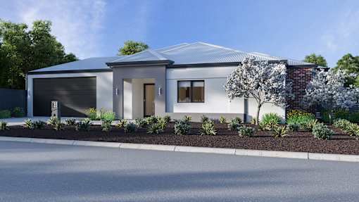 A modern house with a grey roof and white walls.