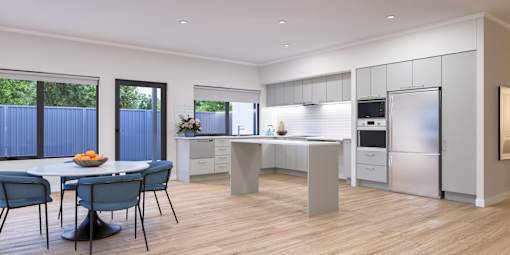 A modern kitchen with a dining table and chairs.