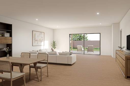 A modern living room with a dining table and chairs.