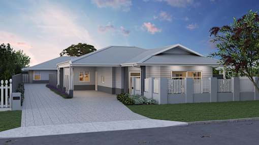 A modern house with a grey roof and white picket fence.