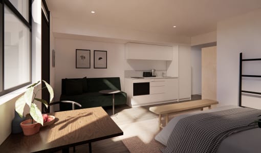 a rendering of a bedroom with a bed and a kitchen
