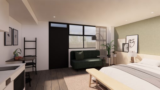 a rendering of a bedroom with a bed and a couch