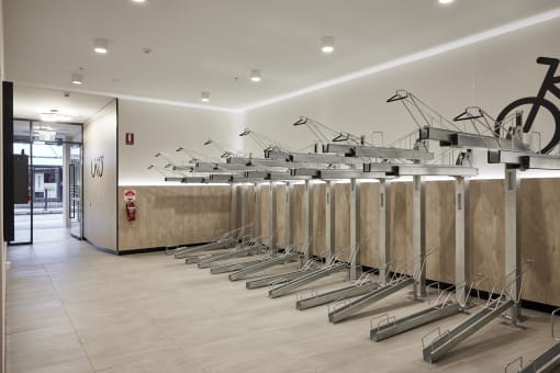 a row of bike racks in a fitness room