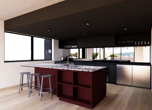 a kitchen with a marble counter top and three bar stools