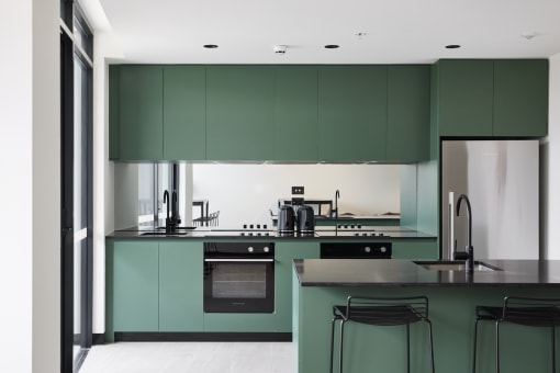 a kitchen with green cabinets and black counter tops and a sink