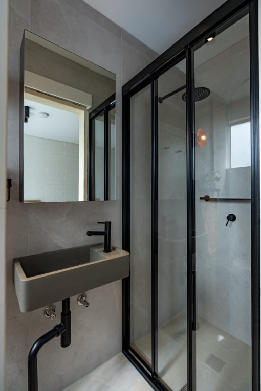 a bathroom with a sink and a shower