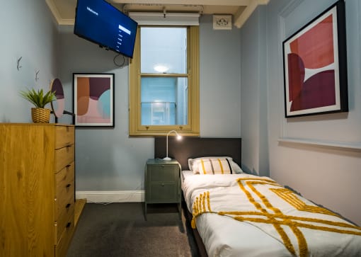 a bedroom with a bed and a dresser and a television