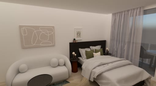 a rendering of a bedroom with a bed and a chair