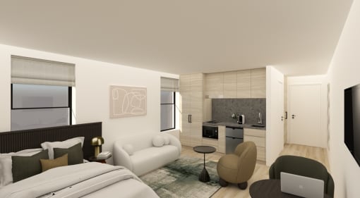 an artist impression of a bedroom and living room with a bed and a kitchen