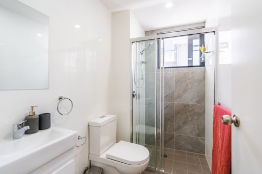 a bathroom with a shower toilet and sink