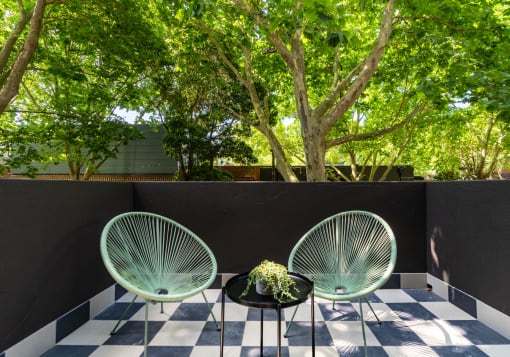 two chairs on a patio with trees in the background