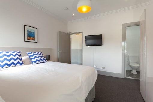 a bedroom with a bed and a toilet and a tv