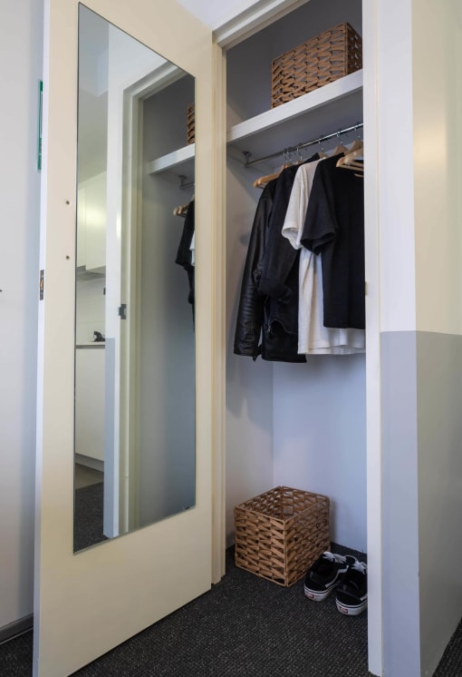 a closet with a mirror and a closet door open