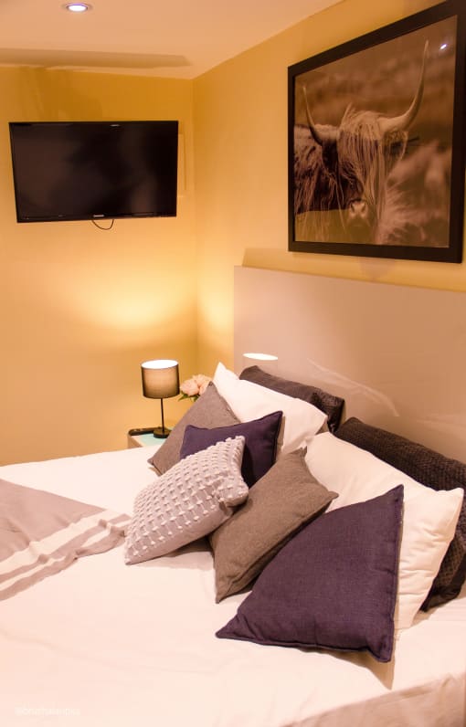 a bedroom with a bed with pillows and a television on the wall