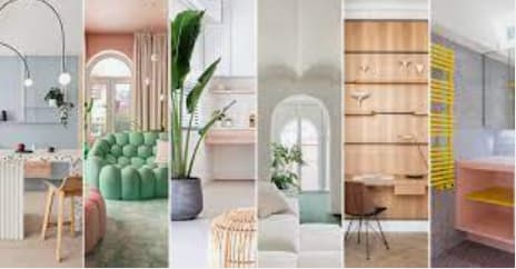 three different views of a living room and a kitchen