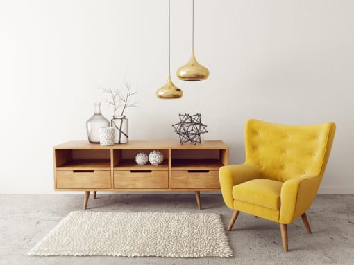 modern living room  with yellow armchair. scandinavian interior design furniture.