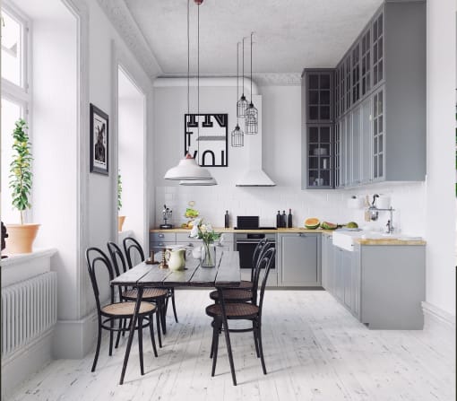 Modern style dining room is connected to kitchen