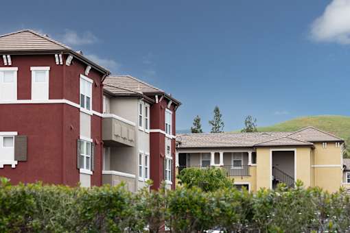 Apartment buildings with green shrubbery in front.