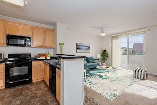 A kitchen with a black oven and microwave, a dining table with chairs, and a living room with a couch and a plant.