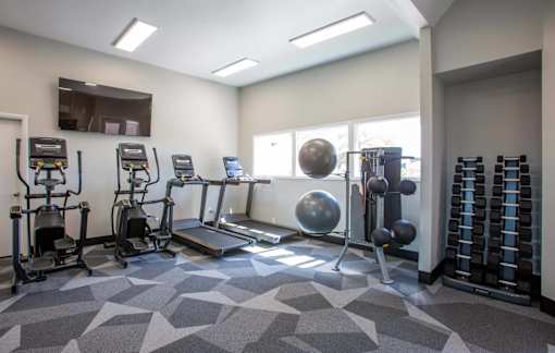 A gym with a variety of equipment including weights and a treadmill.