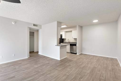 A spacious room with a kitchenette and a ceiling fan.