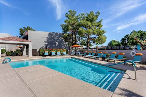 A large swimming pool with lounge chairs and trees in the background.