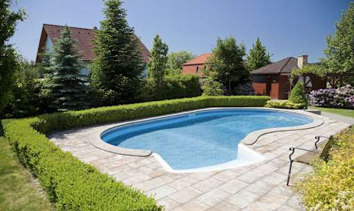 A small residential pool surrounded by a well-manicured garden.