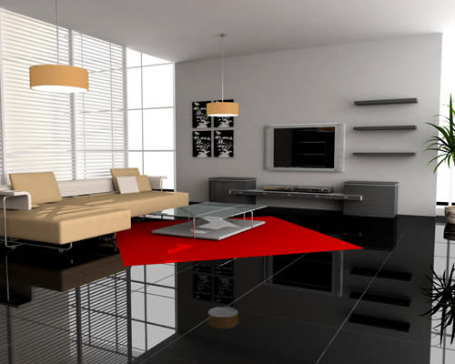 A modern living room with a red rug and a television.