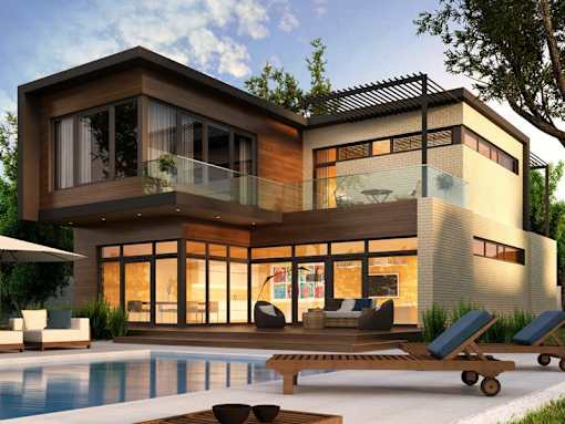 A modern house with a pool in the backyard.