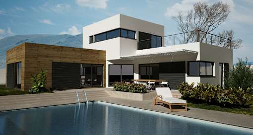 A modern house with a pool in the backyard.