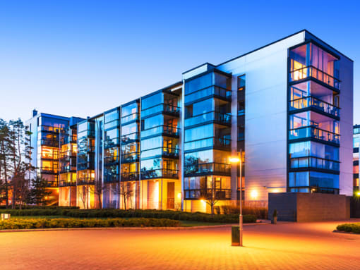 an office building at dusk