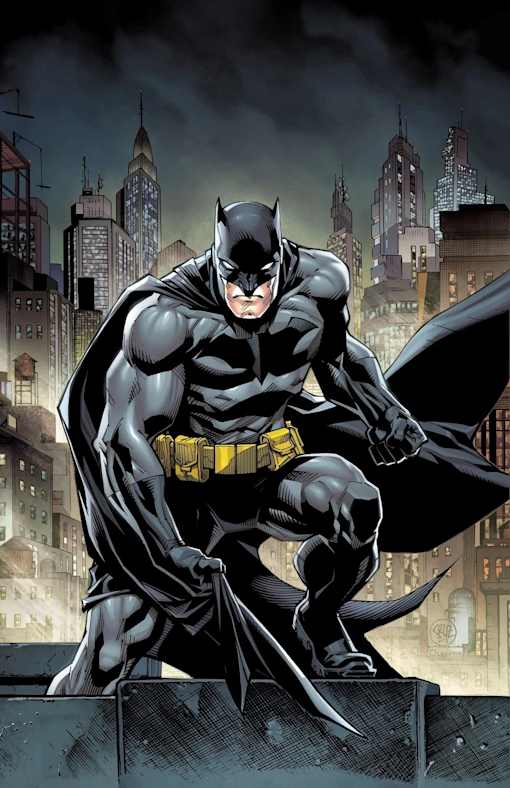 A comic book style drawing of Batman crouching on a rooftop.