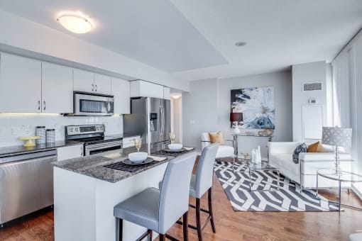 a kitchen and living room with white cabinets and a black and white rug