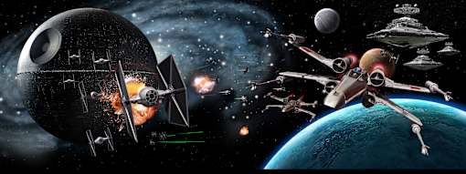 A space battle scene with a large planet in the background.