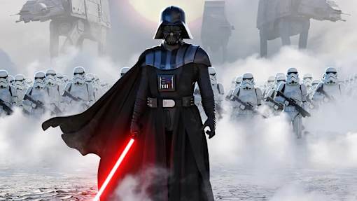 A Darth Vader figure stands in front of a group of stormtroopers.