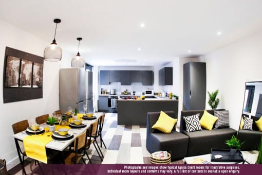 a rendering of a living room and kitchen with a dining table and chairs