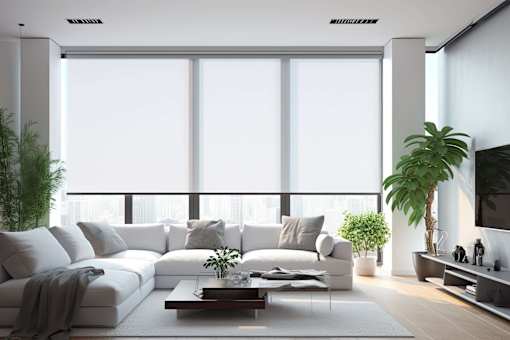 A modern living room with a white sofa set, a coffee table, and a large window.