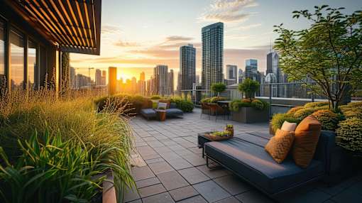 A rooftop patio with a couch, pillows, and plants overlooking a city skyline at sunset.