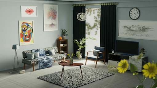 A living room with a grey sofa, a blue cushion, a wooden coffee table, a TV, a clock, a potted plant, a vase with yellow flowers, and a framed picture on the wall.