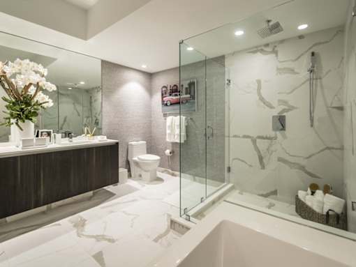 A bathroom with a walk-in shower and a toilet.